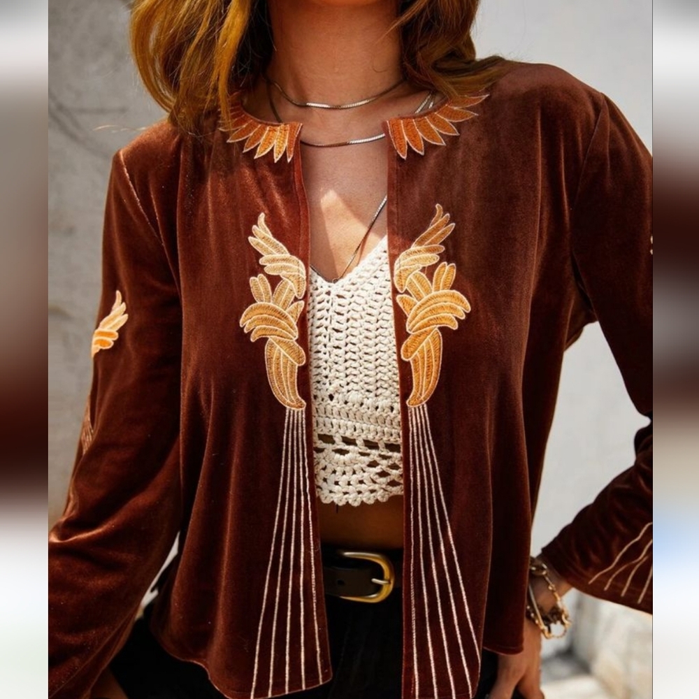 RUSTTY DUSTTY Floral Embroidery Open Front Velvet Jacket/blazer.Rust Brown M NWT - Picture 6 of 16